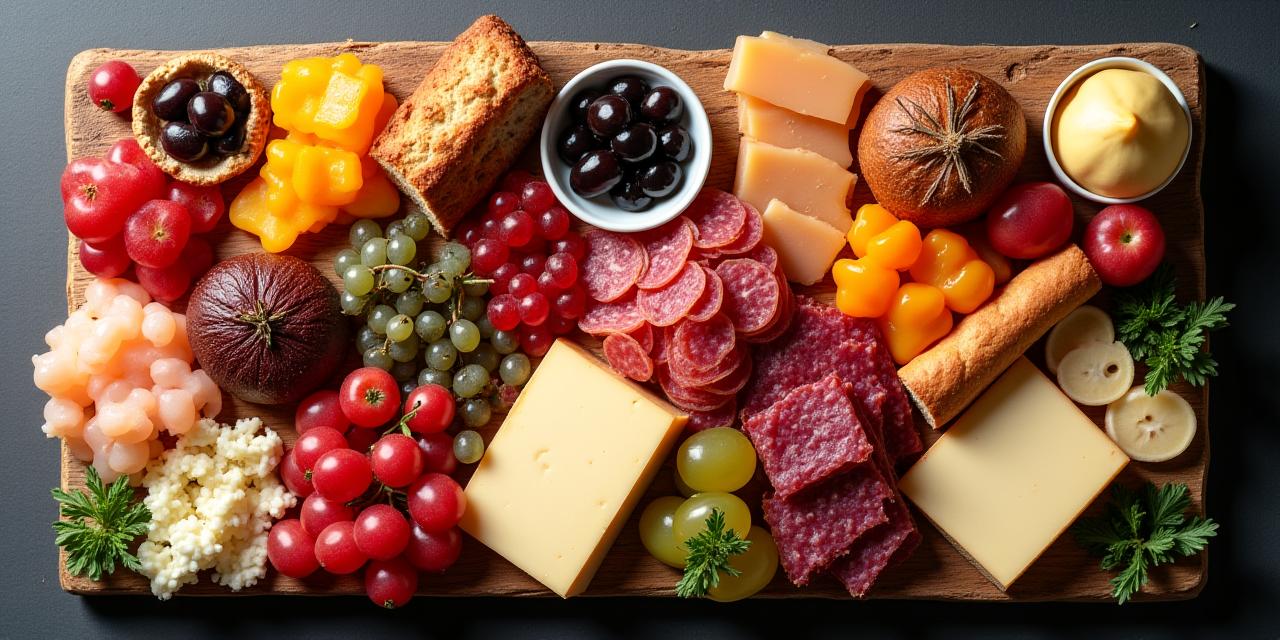 Eine reich gedeckte Aperoplatte mit Käse, Fleisch, Brot und Früchten.
