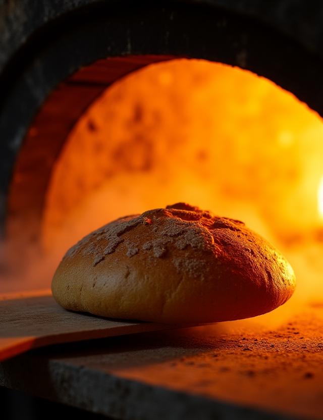 Goldbraunes Brot wird aus einem heissen Steinofen geholt.