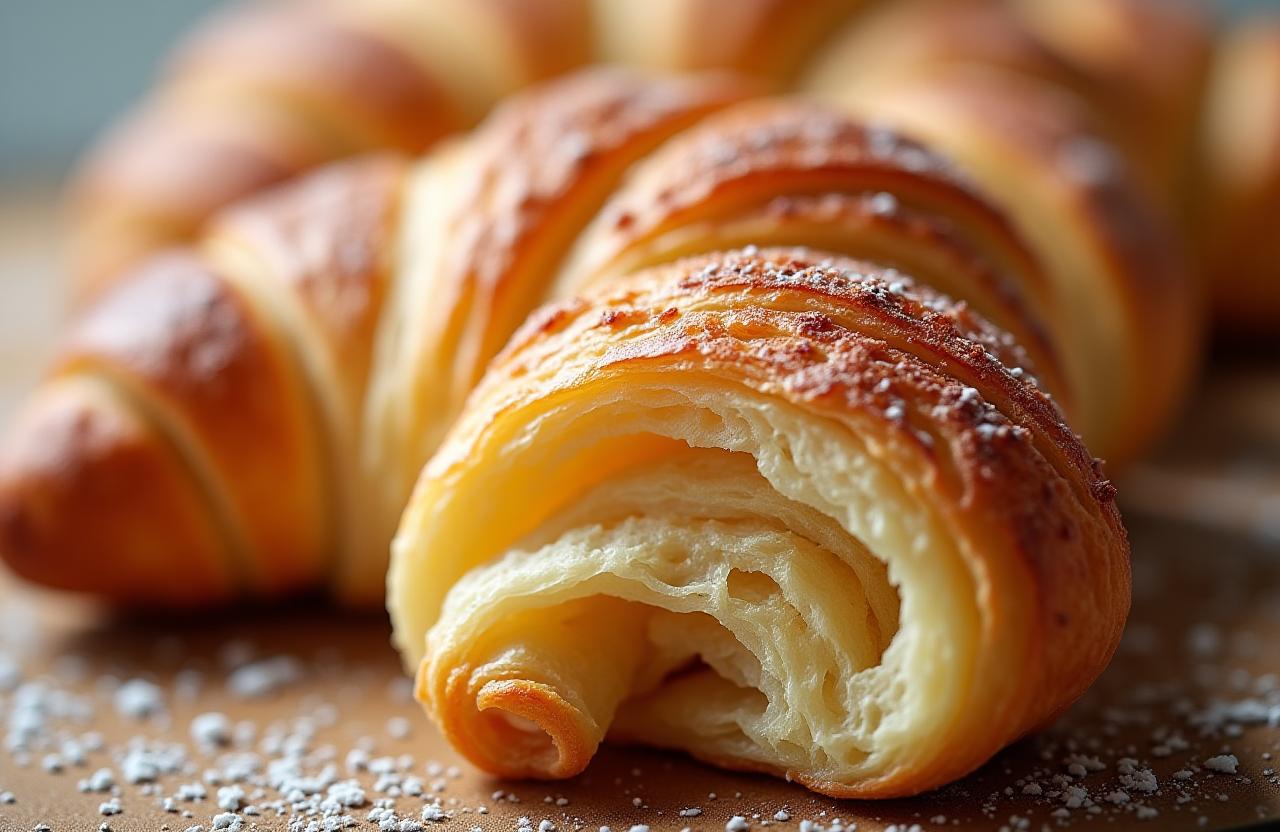 Nahaufnahme eines perfekt gebackenen, blättrigen Croissants.
