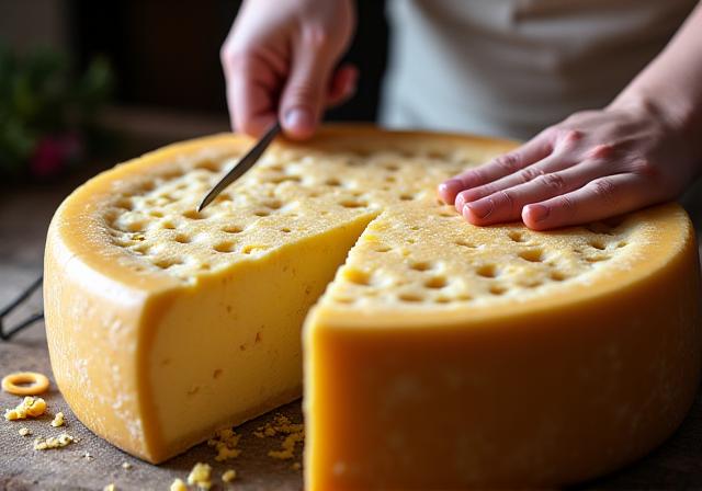 Ein grosses Rad Alpkäse wird frisch angeschnitten.
