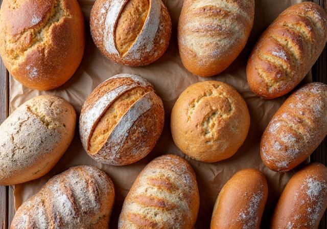 Vielfältige Auswahl an frischen Broten, darunter Sauerteig- und Dinkelbrot.