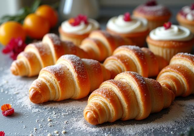 Auswahl an süssem Gebäck, darunter handgerollte Croissants und saisonale Kuchen.